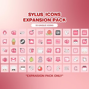 Peut inclure: Graphique rose avec 50 icônes d'applications uniques. Les icônes, roses et blanches, représentent diverses applications. Le texte en haut indique "SYLUS ICONS EXPANSION PACK". Le texte en bas dit "EXPANSION PACK ONLY".
