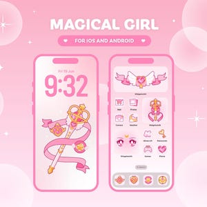 Könnte beinhalten: Zwei Smartphones mit einer rosa Benutzeroberfläche mit der Aufschrift MAGICAL GIRL FOR IOS AND ANDROID. Der linke Bildschirm zeigt einen Sperrbildschirm mit Uhrzeit und einem goldenen Zauberstab. Der rechte Bildschirm zeigt App-Symbole.