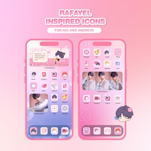 May include: Two pink smartphone screens showcasing custom app icons and widgets. The screens feature a cartoon character and the text "RAFAYEL INSPIRED ICONS FOR IOS AND ANDROID". The apps include icons for phone, contacts, photos, and other apps.