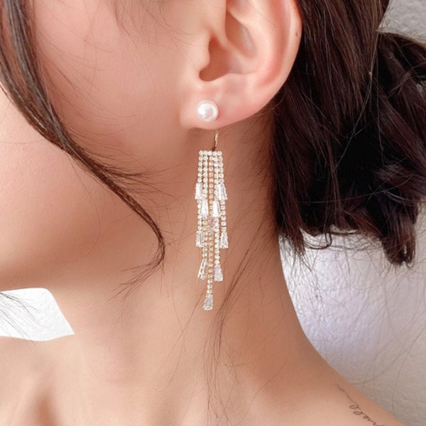 Pearl Diamond Crystal Tassel Earrings / Chandelier Fringe Earrings / 925 Silver Jacket Earrings  / Korean Long Dangle Earrings / Ear Jackets