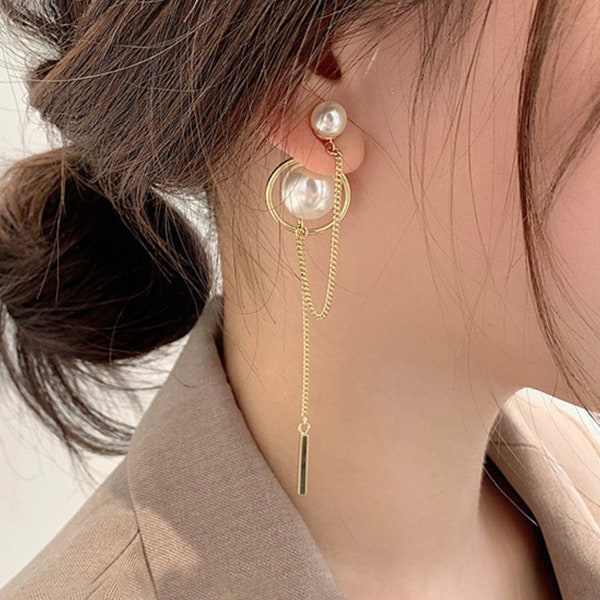 Pearl Back Dangle Earrings / Gold Chain Tassel Drop Earrings / Double Pearl Ear Jacket Earrings / Elegant Kpop Korean Dainty Earrings Gold