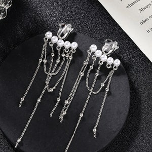 Pearl Back Jacket Earrings / Silver Tassel Pearl Ear Jackets / Pearl Earring Jackets / Kpop Pearl Long Dangle Earrings / 925 Silver Earrings