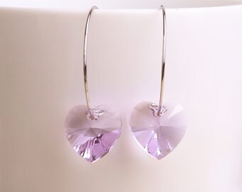 Cleble | Crystal Earrings Made with 925 Silver Ear Wires, Hoop Earrings with Lilac Heart Shape Crystals