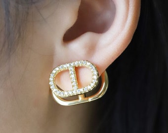 Gold Chaine D'ancre Stud Earrings /  Gold Earring Studs / PETIT CD Earrings / Gold Double DD Korean Studs / Gold Statement Stud Earrings