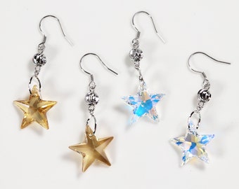 Crystal Star Earrings / Star Dangle Earrings / 925 Earrings / Y2k Earrings / Sterling Silver Earrings / Quartz Earrings with charm by Cleble