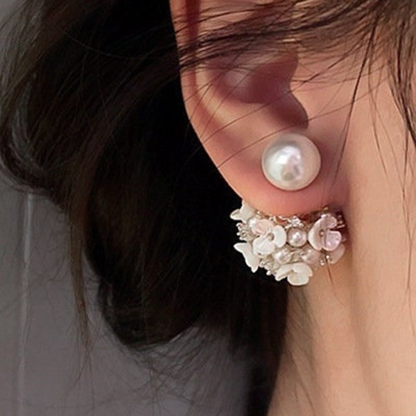 Double Pearl Flower Stud Earrings / Pearl Back Earring Studs / 925 Silver Stud / Korean Floral Pearl Stud Earrings / Double Sided Pearl Stud
