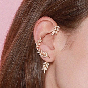 Gold Leaf Ear Cuff / Diamond Wreath Ear Wrap / Laurel Ear Jacket Earrings / 925 Sterling Silver Tree Ear Cuff / Unique Elegant Ear Climber image 1