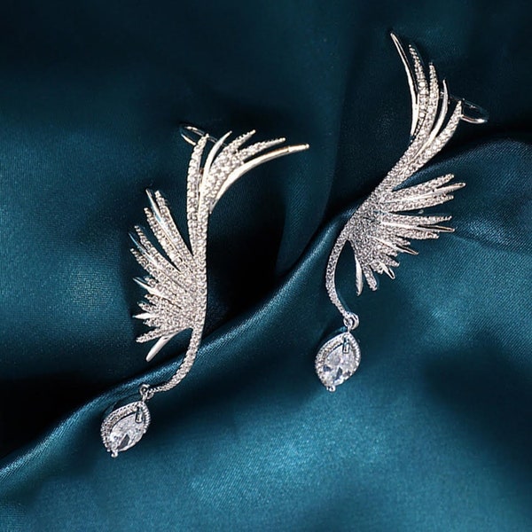 Angel Wing Feather Ear Climber Earrings / Angelic Diamond Cuff Earrings / Sterling Silver Crystal Earrings / Ear Crawler Ear Wraps for Women