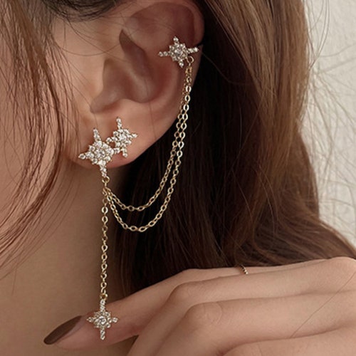 Mismatch Stars Ear Cuff Chain Earrings / Asymmetrical Diamond Etsy
