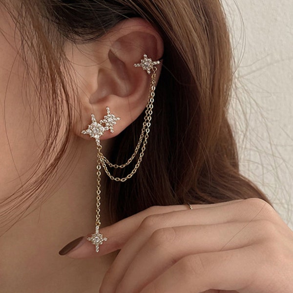 Mismatch Stars Ear Cuff Chain Earrings / Asymmetrical Diamond Gold Starburst Dainty Earrings / Kpop Silver 925 Asterisk Cartilage Ear Jacket