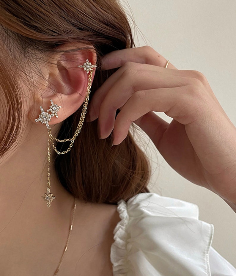 Mismatch Stars Ear Cuff Chain Earrings / Asymmetrical Diamond Etsy