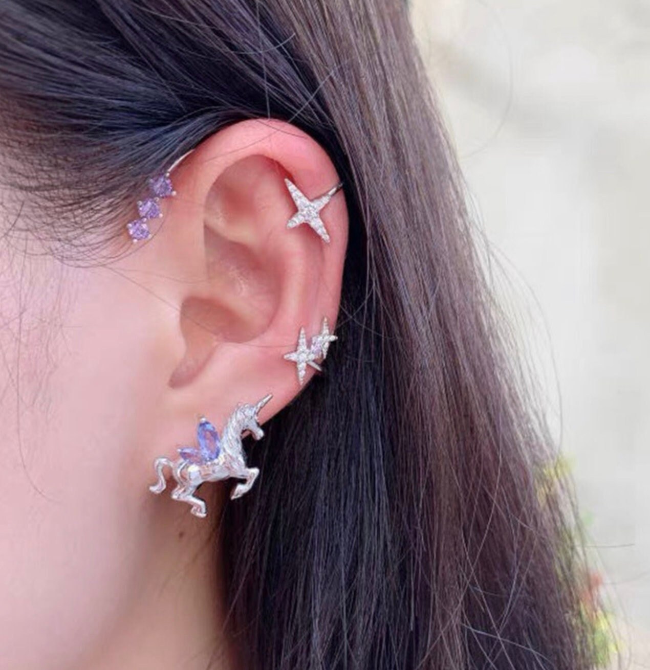 Unicorn Ear Cuff No Piercing Silver Ear Cuff Lilac Stars Ear