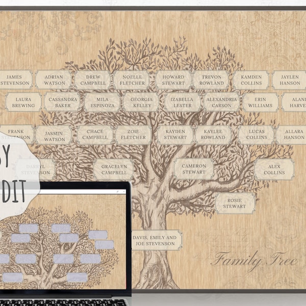 5 Generation Family Tree Template 8x10inch, PDF & JPG files, Instant Download - Fillable