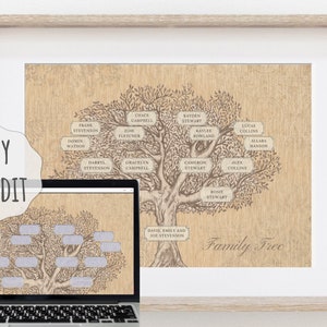 Może przedstawiać: Drukowany szablon drzewa genealogicznego z ilustracją brązowego drzewa na beżowym tle. Szablon zawiera imiona i relacje dla dużej rodziny. Tekst "Family Tree" znajduje się na dole szablonu.