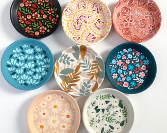 Pottery ring dish Handmade tealight holder: lavender or blue CLEARANCE Folk ceramic ring holder Trinket bowl with flowers