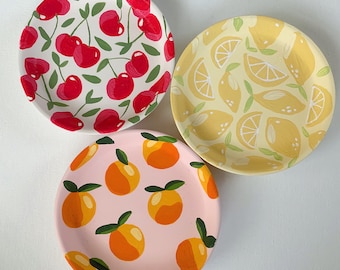 fruit painted dishes,trinket dish,food print,peaches,strawberry,lemon,fruit bowl,custom,cherries,jewelry holder,aesthetic,strawberry ceramic