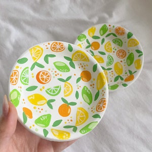 fruit painted dishes,trinket dish,food print,peaches,strawberry,lemon,fruit bowl,custom,cherries,jewelry holder,aesthetic,strawberry ceramic citrus