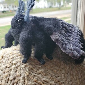 May include: A black and gray plush moth with fuzzy wings. The moth is sitting on a brown knitted surface.