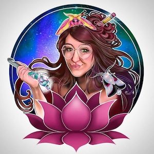 May include: A digital illustration of a woman with long brown hair, wearing glasses and a pink lotus flower. She is surrounded by butterflies and moths, and a pencil is in her hair.