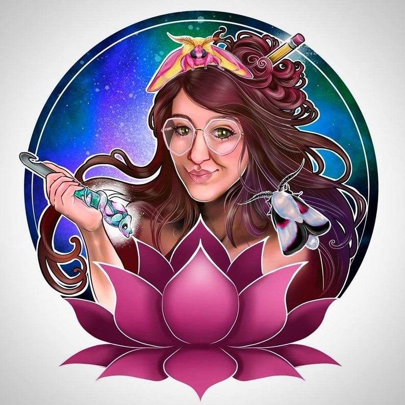 May include: A digital illustration of a woman with long brown hair, wearing glasses and a pink lotus flower. She is surrounded by butterflies and moths, and a pencil is in her hair.