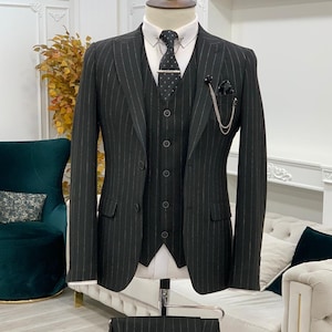 Men Suits Black 3 Piece Slim Fit Two Button Wedding Groom Party Wear Coat Pant, Men Black Suit, Black Slim Fit Peak Lapel Pinstripe Suit