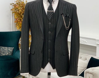 Slim Fit Black Pinstripe Suit: Men's 3-Piece Peak Lapel Wedding Suit