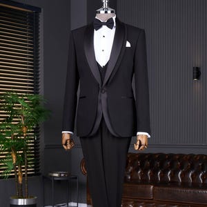 Men Suits Black 3 Piece Slim Fit One Button Wedding Groom Party Wear Coat Pant, Men Tuxedo, Men Prom Suit, Black Slim Fit Tuxedo