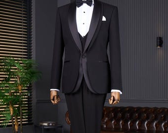 Esmoquin negro de corte ajustado: traje italiano de 3 piezas para hombre.