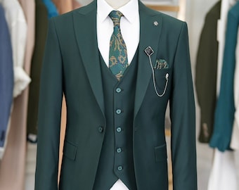 Men Suits Green 3 Piece Slim Fit One Button Wedding Groom Party Wear Coat Pant, Wedding Guest Suit, Engagement Suit, Green Slim Fit Suit