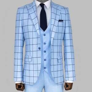 Icy Blue Three Piece Checked Suit for Men - Premium Quality- Elegant Formal Attire -Tailored Fit, GentWith Suits
