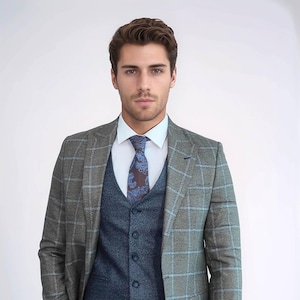Men Suits Gray 3 Piece Slim Fit One Button Wedding Groom Party Wear Coat Pant, Men Gray Suit, Gray Blue Slim Fit Plaid Combination Suit