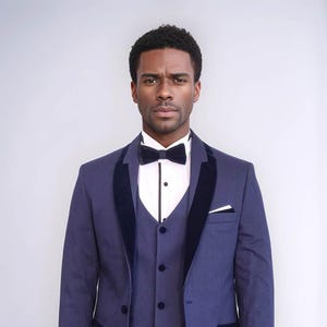 Men Suits ~ Wedding Suit ~ 3 Piece Suits ~ Prom Suits, Slim fit Shawl Lapel one Button Tuxedo, Navy Blue Slim Fit Velvet Shawl Lapel Tuxedo