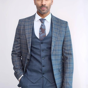 Men Suits Blue 3 Piece Slim Fit One Button Wedding Groom Party Wear Coat Pant, Blue Men Suit, Blue Suit, Blue Slim Fit Plaid Suit