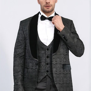 Men Suits Black 3 Piece Slim Fit One Button Wedding Groom Party Wear Coat Pant, Men Tuxedo, Men Prom Suit, Velvet Lapel Glitter Black Tuxedo