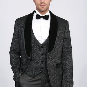 Men Suits Black 3 Piece Slim Fit One Button Wedding Groom Party Wear Coat Pant, Men Tuxedo, Men Prom Suit, Velvet Lapel Black Tuxedo