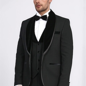 Men Suits Black 3 Piece Slim Fit One Button Wedding Groom Party Wear Coat Pant, Tuxedo, Men Prom Suit, Velvet Lapel All Black Tuxedo Suit