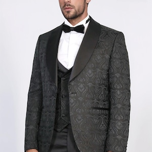 Men Suits Black 3 Piece Slim Fit One Button Wedding Groom Party Wear Coat Pant, Men Tuxedo, Men Prom Suit, Shawl Lapel Black Tuxedo