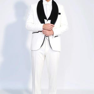 Men Suits White 3 Piece Slim Fit One Button Wedding Groom Party Wear Coat Pant, Tuxedo, Men Prom Suit, Velvet Lapel All White Tuxedo Suit