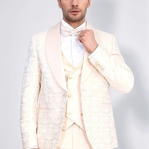 Men Suits Cream 3 Piece Slim Fit One Button Wedding Groom Party Wear Coat Pant, Men Tuxedo, Men Prom Suit, Shawl Lapel Champagne Tuxedo Suit
