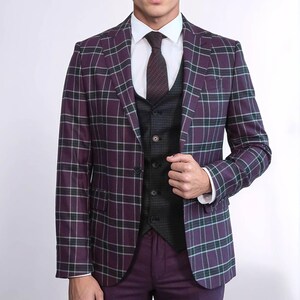 Men Suits Red 3 Piece Slim Fit One Button Wedding Groom Party Wear Coat Pant, Men Burgundy Suit, Burgundy Slim Fit Peak Lapel Plaid Suit