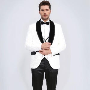 Men Suits White 3 Piece Slim Fit One Button Wedding Groom Party Wear Coat Pant, Men Tuxedo, Men Prom Suit, Velvet Lapel White Tuxedo Suit