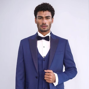 Men Suits ~ Wedding Suit ~ Three Piece Suits ~ Prom Suits, Slim fit Peak Lapel one Button Tuxedo - Navy Blue Slim Fit Peak Lapel Tuxedo