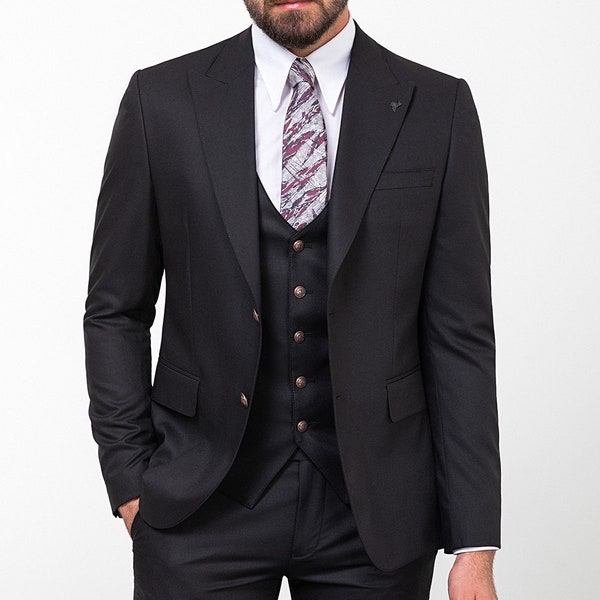 Men Suits Black 3 Piece Slim Fit Two Button Wedding Groom Party Wear Coat Pant, Black  Prom Suit, Men Party Suit, Slim Fit Peak Lapel Suit