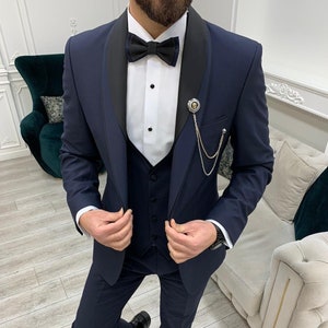 Costumes bleu marine 3 pièces coupe slim à un bouton pour mariage, tenue de soirée pour le marié, costume pour rendez-vous galant, costume bleu marine pour homme, costume de marié bleu marine