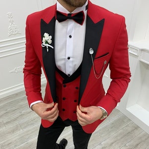 Men Suits ~ Wedding Suit ~ 3 Piece Suits ~ Prom Suits, Slim fit Peak Lapel one Button Tuxedo, Red Slim Fit Peak Lapel Tuxedo
