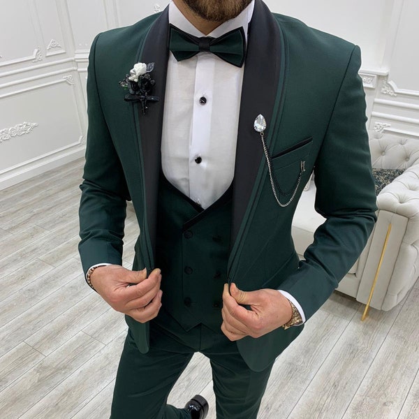 Men Suits ~ Wedding Suit ~ 3 Piece Suits ~ Prom Suits, Slim fit Shawl Lapel one Button Tuxedo, Green Slim Fit Shawl Lapel Tuxedo