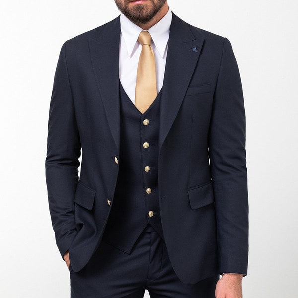 Men Suits Dark Blue 3 Piece Slim Fit Two Button Wedding Groom Party Wear Coat Pant,  Dark Blue Prom Suit, Men Blue Party Slim Fit Suit