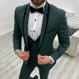 Men Suits ~ Wedding Suit ~ 3 Piece Suits ~ Prom Suits, Slim fit Shawl Lapel one Button Tuxedo, Green Slim Fit Shawl Lapel Tuxedo