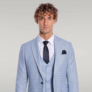 Icy Blue Three Piece Checked Suit for Men - Premium Quality- Elegant Formal Attire -Tailored Fit, Men Suits, GentWith