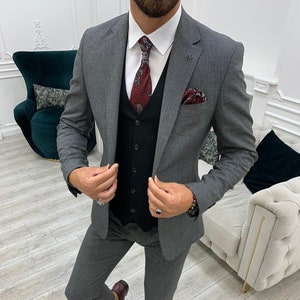 Costumes homme gris 3 pièces slim fit à deux boutons pour mariage, tenue de soirée pour le marié, costume gris pour homme, costume combiné gris slim
